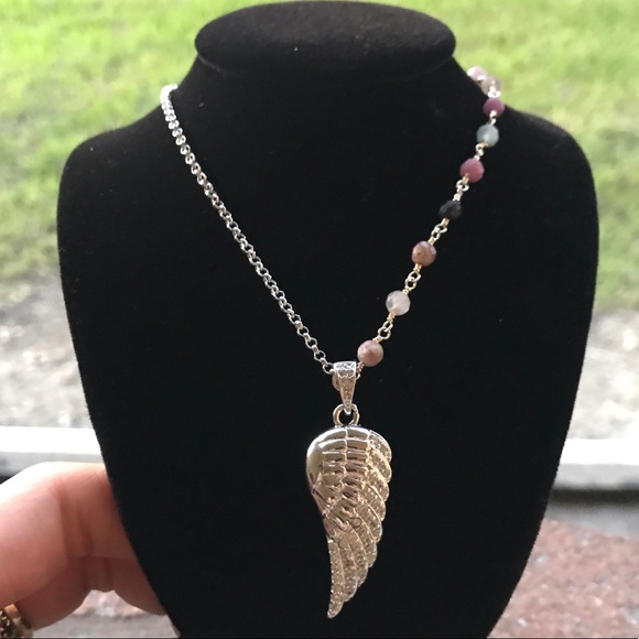 Genuine tourmaline white gold plated angel cz wing - Picture 4 of 8